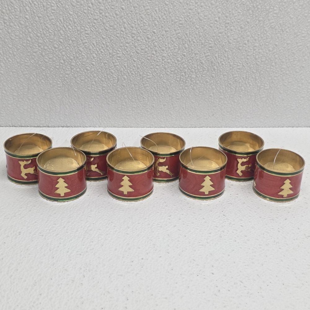 Pier 1 Imports Holiday Napkin Rings Red Enameled Brass Tree Deer Set of 8